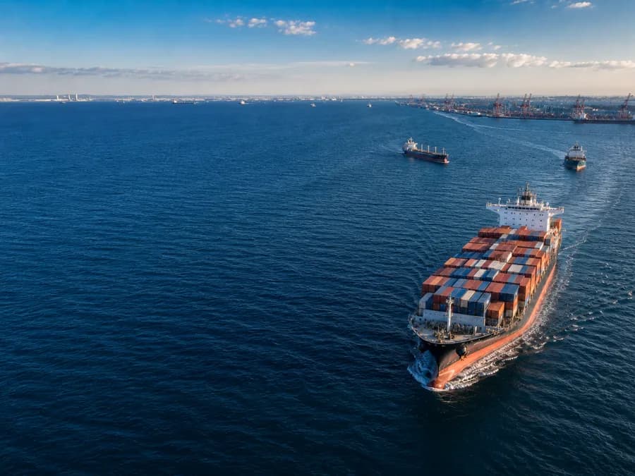 Container vessel approaching a commercial port, with bulk carriers and terminal cranes on the horizon