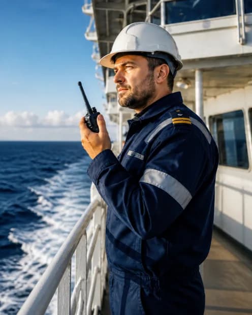 Deck officer in a hard hat and work coveralls speaking on a handheld VHF radio on board a vessel at sea